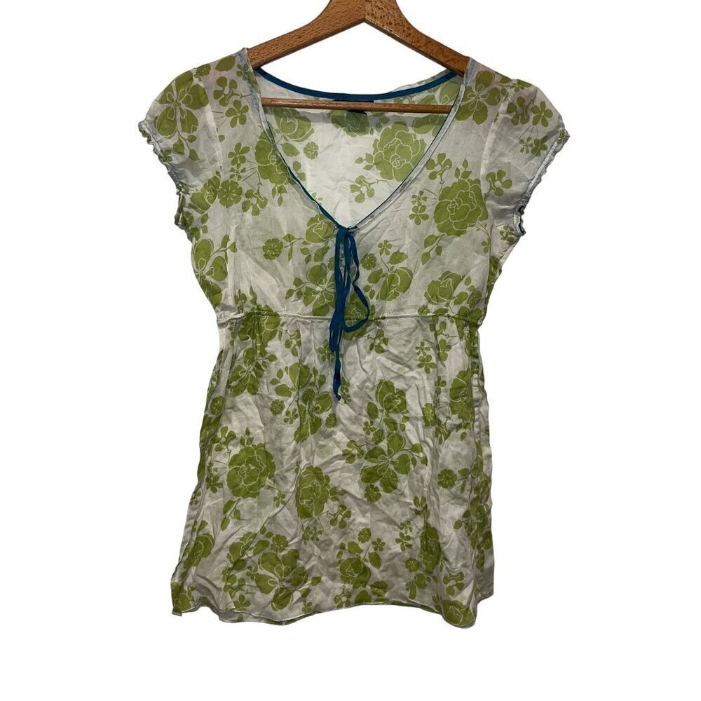 Y2K Lucky Brand Womens XS Green Floral V-Neck Cotton Blouse